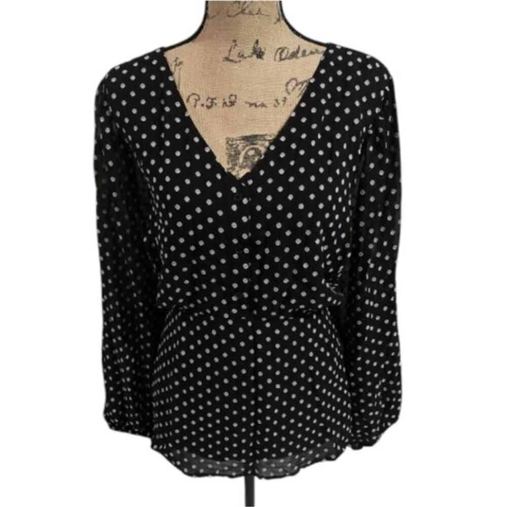 Lane Bryant Black White Polka Dot V-Neck Button Front Peplum Blouse Plus Size 18